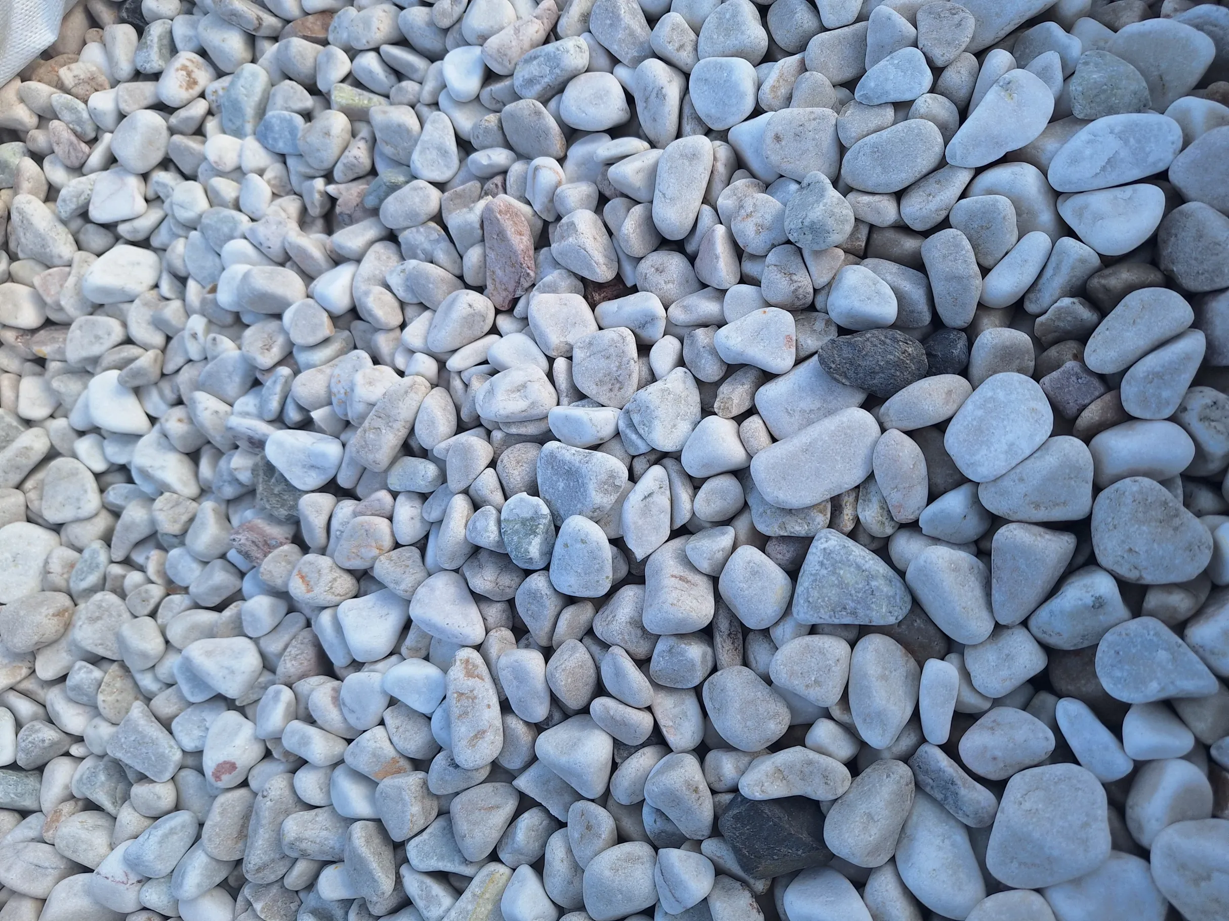 Dekoracyjny grys o gładkich, zaokrąglonych kształtach w odcieniach szarości i bieli